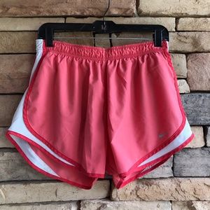 Nike coral pink white lined running shorts EUC Large